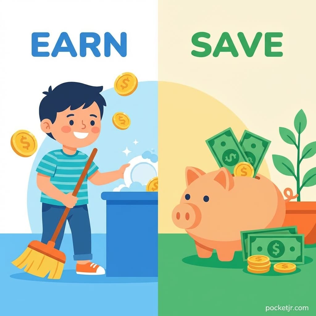 Earning through chores vs saving money illustration