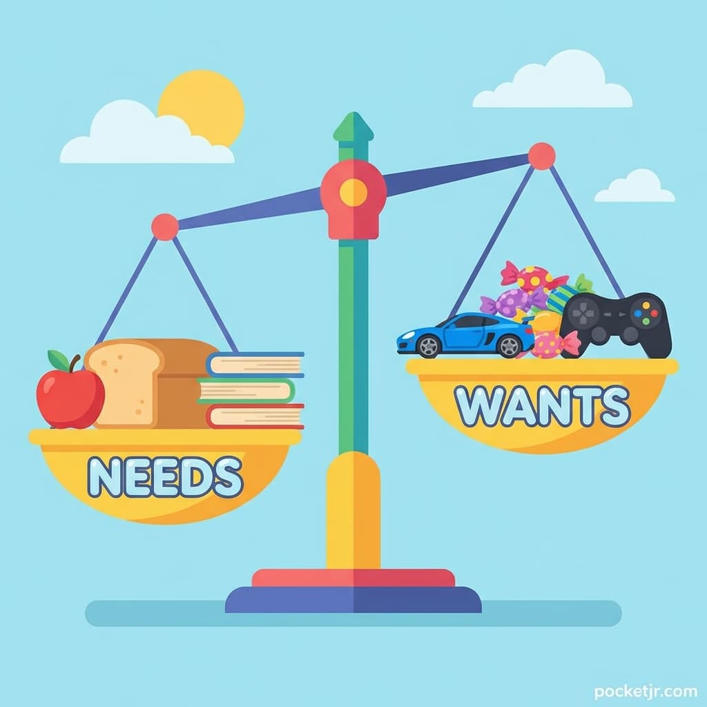 Balance scale showing needs vs wants for kids